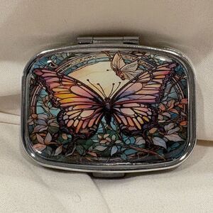 Pastel Butterfly Travel Pill Box 2 Compartment Medicine Pill Case Metal NEW